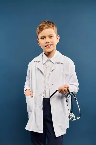 Um menino pré-adolescente em traje de médico detém um estetoscópio, incorporando o papel de um curandeiro. — Fotografia de Stock