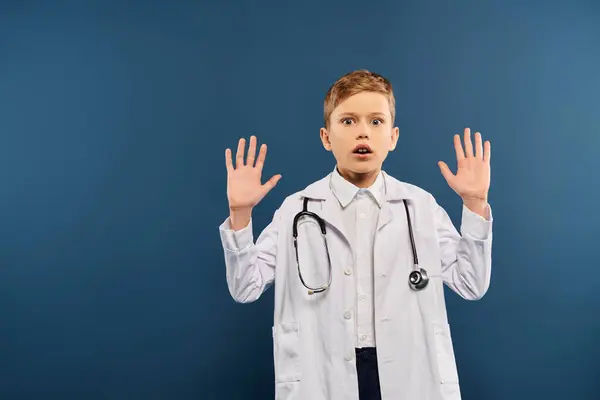 A preadolescent boy in a white lab coat, hands raised, on a blue backdrop. — Stock Photo