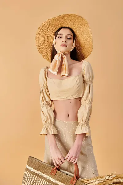 Une jeune femme aux longs cheveux bruns pose dans un studio, vêtue d'une tenue d'été, tenant un sac et portant un chapeau de paille. — Photo de stock