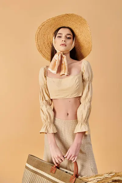 A young woman with long brunette hair poses in a studio, dressed in a summer outfit, holding a bag and wearing a straw hat. — Stock Photo