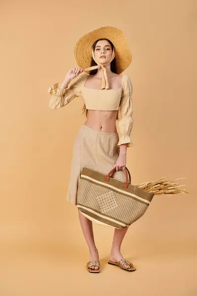 Eine junge Frau mit langen brünetten Haaren posiert selbstbewusst im Sommer-Outfit, hält einen Korb in der Hand und trägt einen stylischen Strohhut. — Stockfoto