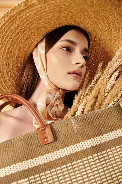 Eine junge Frau mit langen brünetten Haaren steht anmutig im Sommeroutfit, trägt einen Strohhut und eine braune Tasche. — Stockfoto