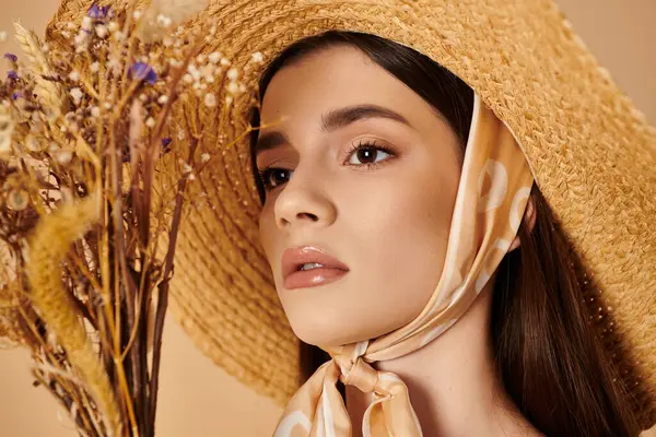 Eine junge Frau mit langen brünetten Haaren posiert in einem Studio, trägt einen Strohhut und einen stylischen Schal für einen Sommer-Look. — Stockfoto