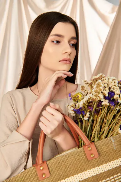 Una joven con el pelo largo morena sosteniendo una bolsa llena de flores vibrantes, encarnando la esencia del verano. - foto de stock