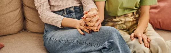 Cropped banner of young lesbian couple holding hands and sitting on sofa, love and comfort at home — Stock Photo