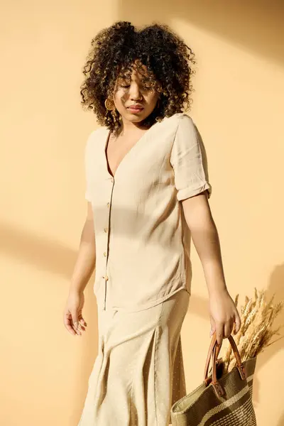 Una hermosa joven afroamericana con el pelo rizado, vestida con un vestido de verano, sostiene una canasta. - foto de stock