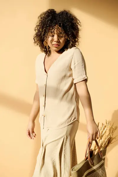 A beautiful young African American woman with curly hair, dressed in a summer dress, is holding a basket. — Stock Photo