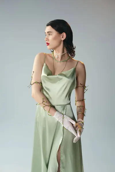 A young, beautiful woman with red lips poses in a vibrant green dress and gloves in a studio setting against a grey backdrop. — Stock Photo