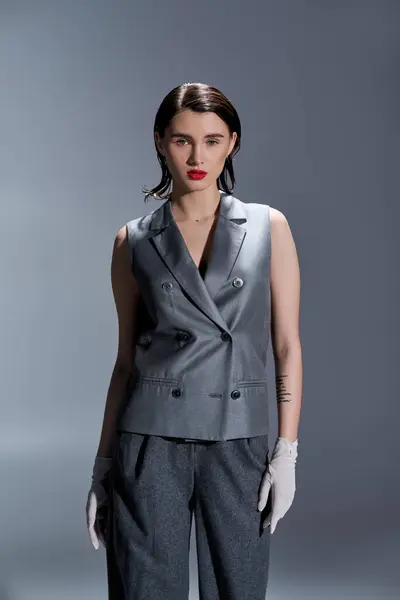 Mulher jovem elegante marcando uma pose em um terno cinza elegante com um colete, accessorized com luvas brancas, em um estúdio em um fundo cinza. — Fotografia de Stock