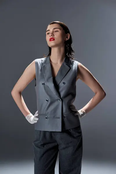 Young stylish woman in elegant suit confidently poses in studio with hands on hips against grey background. — Stock Photo