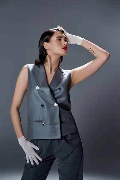 Stylish young woman posing in elegant gray suit with vest and white gloves, exuding grace and sophistication in a studio setting. — Stock Photo