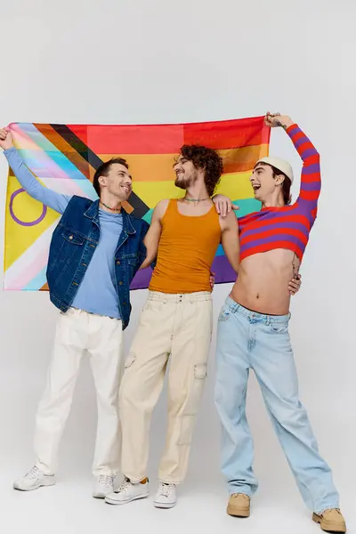 Tres atractivo alegre gay los hombres en acogedor ropa posando activamente con arco iris bandera en gris telón de fondo - foto de stock