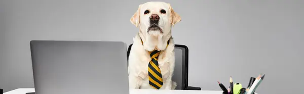 Витончена собака в краватці, сидячи перед ноутбуком, готова до дня віддаленої роботи. — стокове фото