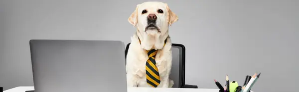 A sophisticated dog in a tie sitting in front of a laptop, ready for a day of remote work. — Stock Photo