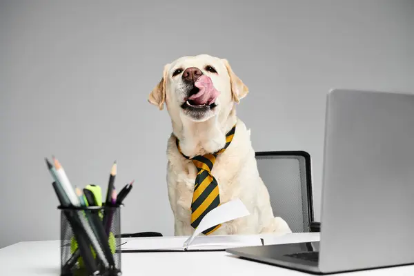 Ein Hund mit Krawatte sitzt vor einem Laptop, bereit, die digitale Welt mit Stil und Raffinesse anzunehmen. — Stockfoto