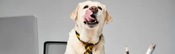 A dog wearing a tie sitting in front of a computer, embodying professionalism and sophistication in a modern work environment. — Stock Photo