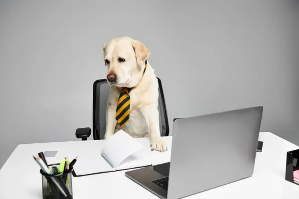 A sophisticated dog wearing a tie sits attentively at a desk in a studio setting, embodying the concept of a furry friend in a domestic setting. — Stock Photo