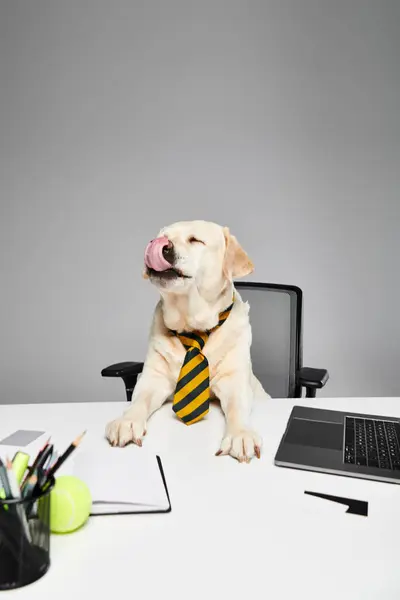 Ein kultivierter Hund mit Krawatte sitzt aufmerksam am Schreibtisch und bringt Charme und Professionalität ins Büro. — Stockfoto
