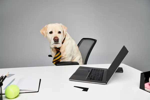 A dog wearing a tie sits in front of a laptop, appearing engaged and professional in a studio setting. — Stock Photo