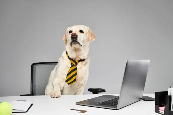 A dog wearing a tie sits in front of a laptop. — Stock Photo