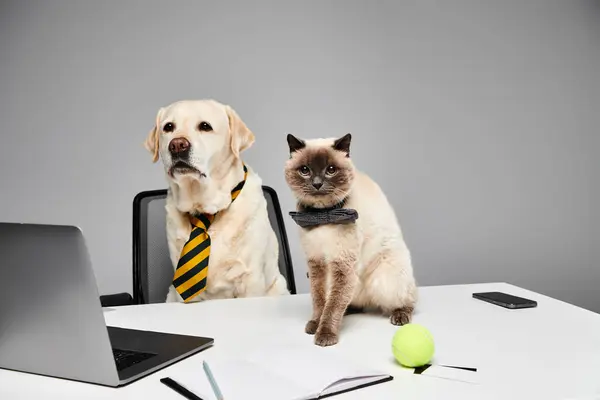 Кошка и собака сидят за столом, обсуждая планы или работая вместе в студии. — стоковое фото