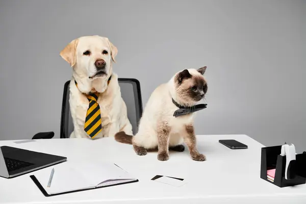A cat and dog sit at a desk, working together or sharing a moment of friendship and companionship. — Stock Photo