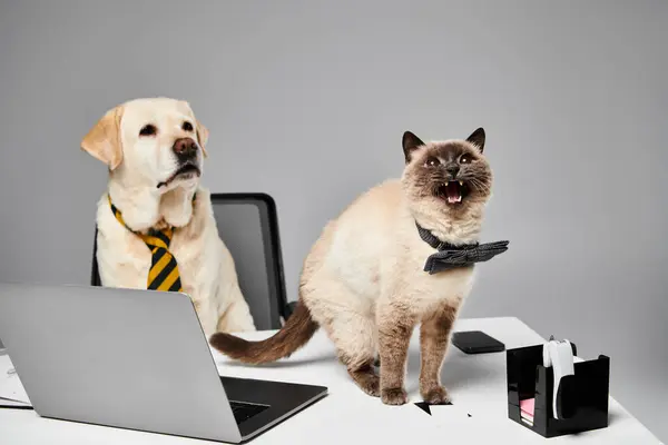 Un gatto e un cane si siedono fianco a fianco di fronte a un computer portatile, mostrando una perfetta armonia tra gli animali domestici in un ambiente monolocale. — Foto stock