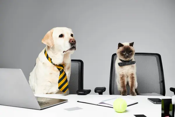A cat and a dog sit attentively in front of a laptop screen in a studio setting. — Stock Photo