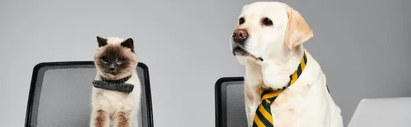 A furry cat and a loyal dog peacefully sit together on a chair in a cozy studio setting. — Stock Photo