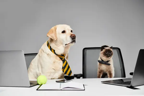 Un chien et un chat assis à un bureau dans un studio, semblant travailler ensemble sur un projet. — Stock Photo