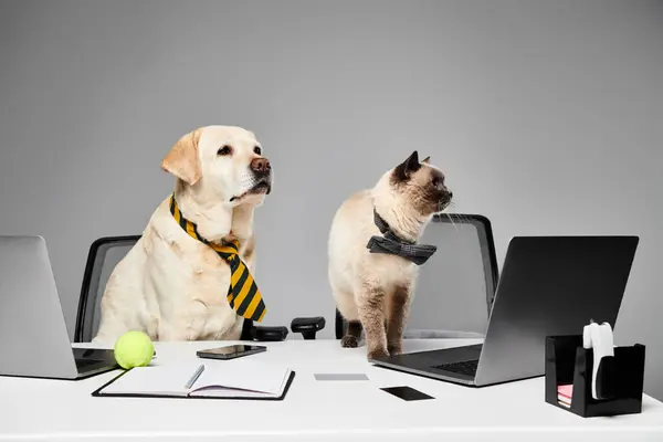 Chien et un chat sont assis avec attention à un bureau dans un décor de studio, présentant un animal domestique et un concept d'ami à fourrure. — Stock Photo