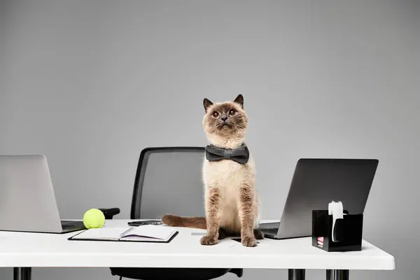 A regal cat sits gracefully on a desk in a studio setting, exuding elegance and charm. — Stock Photo