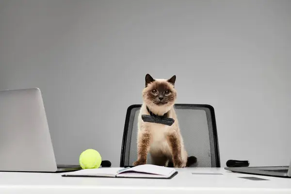 Un gatto appollaiato su una scrivania accanto a un computer portatile in un ambiente da studio, che incarna il concetto di animale domestico e amico peloso. — Foto stock