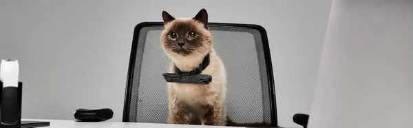 A Siamese cat contently sits in an office chair, exuding elegance and curiosity in a professional setting. — Stock Photo