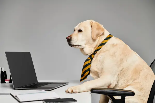 Um cão bem vestido com um laço sentado na frente de um laptop, aparecendo pronto para uma reunião de negócios. — Fotografia de Stock