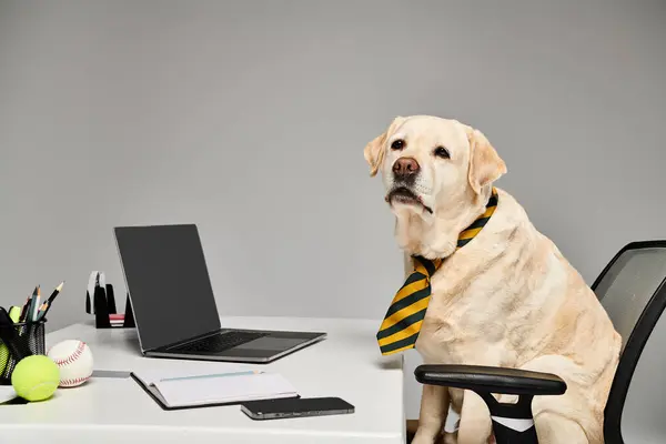 A sophisticated dog, decked out in a tie, sitting elegantly at a desk in a professional setting. — Stock Photo