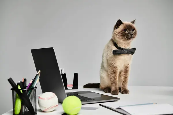 Un chat se perche sur un bureau près d'un ordinateur portable, respirant un air de curieuse sérénité dans un décor de studio. — Photo de stock