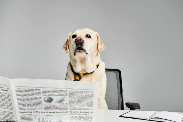A dog attentively sits at a desk, reading a newspaper. — Stock Photo