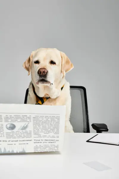 A dog sitting at a desk, reading a newspaper. — Stock Photo