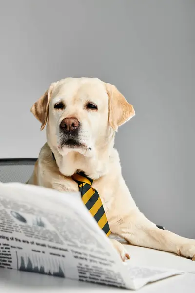 A sophisticated dog wearing a tie, sitting upright, and reading a newspaper in a studio setting. — Stock Photo