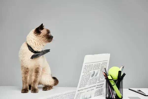 Um gato em repouso em uma mesa ao lado de um jornal. — Fotografia de Stock
