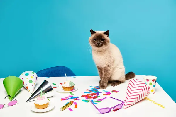 A cute cat with whiskers sitting among party supplies on a table. — Stock Photo