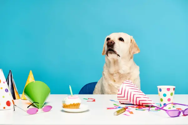 Пухнастий собака сидить за столом, прикрашений вечірніми капелюхами, поруч з смачним кексом, шукаючи готовий святкувати. — стокове фото
