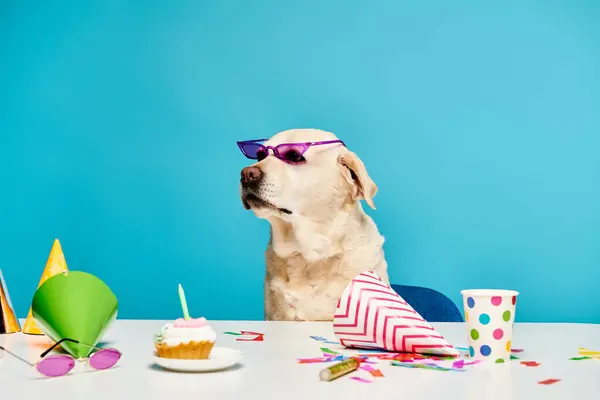 Un cane alla moda con gli occhiali da sole siede a un tavolo circondato da cupcake. — Foto stock
