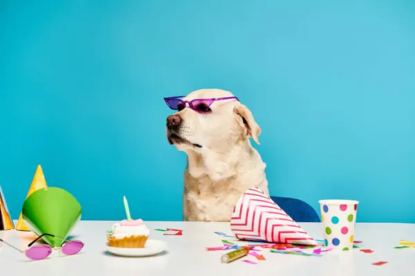 A fashionable dog wearing sunglasses sits at a table surrounded by cupcakes. — Stock Photo