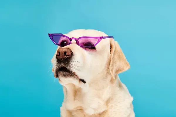 Un chien cool portant des lunettes de soleil violettes sur fond bleu vif, ajoutant une touche de fun et de mode à la scène. — Photo de stock
