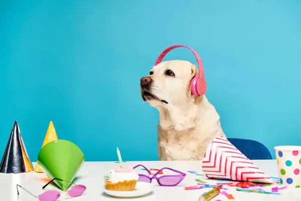 A dog wearing headphones sitting at a table. — Stock Photo