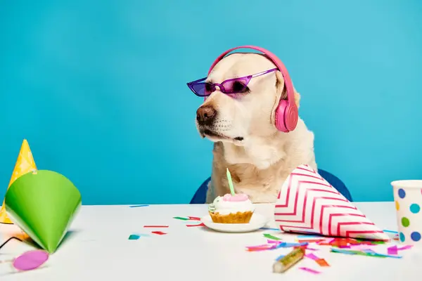 Um cão usando fones de ouvido está sentado em uma mesa, olhando focado e pronto para girar algumas músicas. — Fotografia de Stock