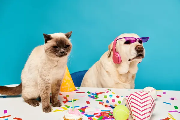 Кіт і собака різних кольорів сидять разом за маленьким столом, дивлячись інквізитивно на щось поза рамкою. — стокове фото