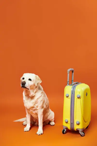 A dog sits next to a vibrant yellow suitcase in a studio setting. — Stock Photo